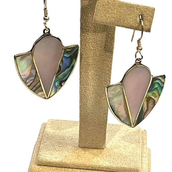 Vintage 1980s Mexico Alpaca MOP Mother of pearl Abalone dangle earrings - Picture 2 of 6